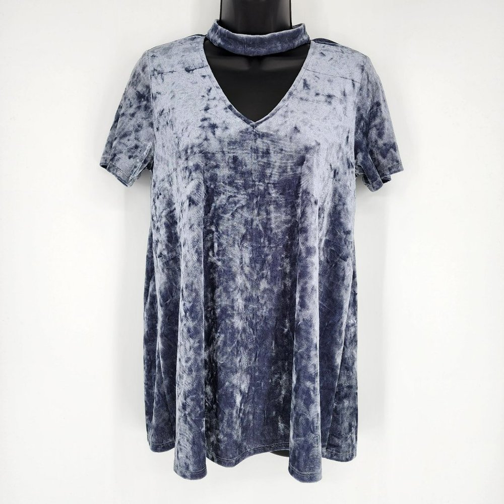 The Impeccable Pig Blouse S Blue Grey Crushed Velvet Choker V Neck Short Sleeve